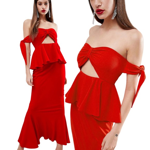 🚨ASOS Collection Womens Size 4 Havana Tie Bow Front Maxi Dress in Red - Picture 8 of 8